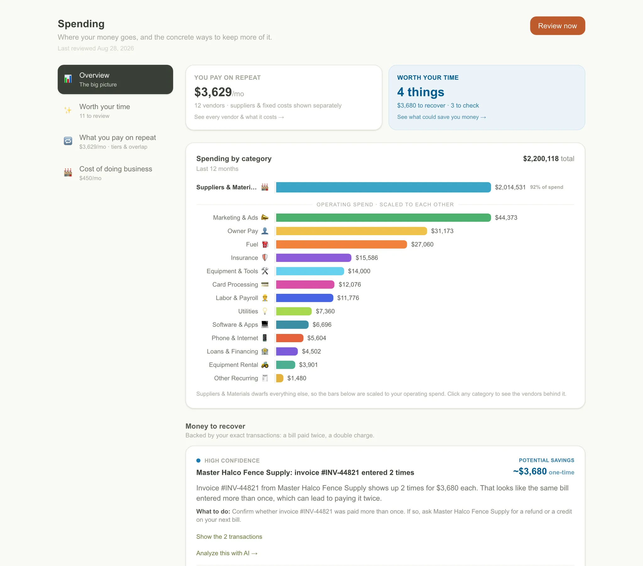 The StashGrade spending view showing recurring vendor charges, money to recover this month, and the exact invoice behind each finding.